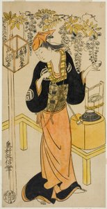 Der Schauspieler Sanogawa Mangiku I als Ohatsu im Stück "Sogazaki Shinju," aufgeführt im Nakamura Theater im vierten Monat, 1719 von Okumura Masanobu