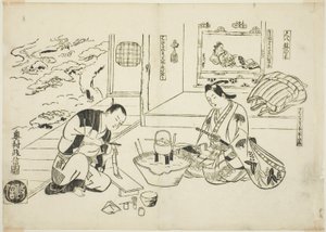 Die Bambusflöte und der Topfbaum, Nr. 12 aus einer Serie von 12 Drucken, die Parodien von Theaterstücken darstellen von Okumura Masanobu