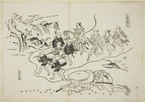 Der Kurier Kantan träumt von sich selbst als Daimyo (Hikyaku Kantan: yume no daimyo), Nr. 8 aus einer Serie von 12 Drucken, die Parodien von Theaterstücken darstellen von Okumura Masanobu