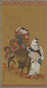 Zwei Kabuki-Schauspieler in den Rollen einer Kurtisane auf einem Wasserbüffel und eines reisenden Priesters, 1686-1764 von Okumura Masanobu