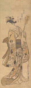 Yaoya O Shichi stehend, einen Liebesbrief und einen Federballschläger haltend, ca. 1748 von Okumura Masanobu