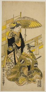 Die Schauspieler Ichikawa Monnosuke I als Kusunoki Masatsura und Arashi Wakano als Oyuki im Stück "Honen Taiheiki," aufgeführt im Nakamura-Theater im elften Monat, 1723 von Okumura Toshinobu