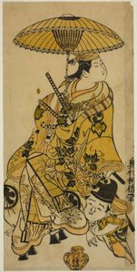 Die Schauspieler Nakamura Takesaburo als Shikishi Naishinno und Tsuruya Nanboku als Gengoro im Stück "Tategami Teika Kazura," aufgeführt im Ichimura-Theater im elften Monat, 1719