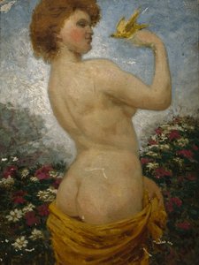 Nackte Frau mit einem Vogel im Grünen