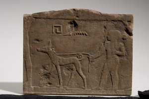 Relief, das einen Zwerg und einen Jagdhund namens Ebony darstellt, 4.-5. Dynastie, 2573-2311 v. Chr. (Kalkstein)