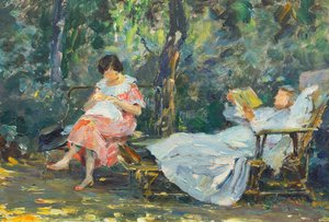 Lesen und Stricken im Garten