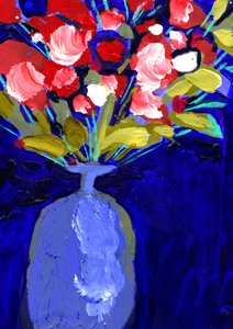 Lebendige Rote Blumen Blaue Vase von Olga Skomorokhova