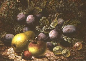 Stillleben mit Pflaumen, Stachelbeeren, Apfel, Birne und Erdbeere von Oliver Clare