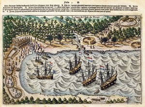 Ansicht eines niederländischen Schiffes im Hafen, ca. 1598-1602 von Olivier van Noort