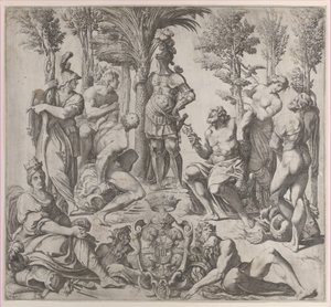 Allegorische Komposition mit sechs olympischen Göttern, die sich um eine Figur in Rüstung versammeln, 1615-35 von Oliviero Gatti