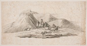Isländische Landschaft mit Schafen und Reitern