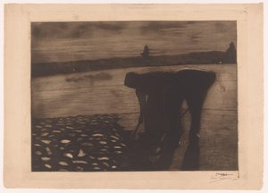 Mann und Frau arbeiten abends am Flussbett von Omer Coppens (signed by artist)
