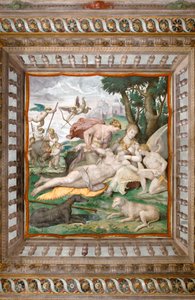 Tod des Adonis von der Decke des Adonis-Raums, Rocca dei Rossi, San Secondo, Parma, Italien (Detail) von Orazio (attr.to) Samacchini