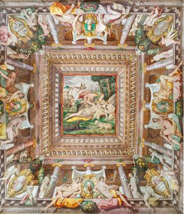 Ansicht der Decke des Zimmers von Adonis und der Gedenksteine der Familienmitglieder Rossi, Gonzaga, Riario und Medici, Rocca dei Rossi, San Secondo, Parma, Italien