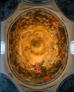 Innenansicht der Kuppel. Fresko, das die Himmelfahrt der Jungfrau Maria darstellt, von Orazio und Girolamo Riminaldi (17. Jahrhundert) von Orazio Riminaldi