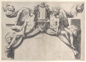 Zwei Engel, die eine Kartusche oder ein Schild stützen, 1568-77