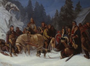 Inga Kongemor vertraut ihren Sohn Håkon Håkonsson dem Birkebeiner-Häuptling Dagfinn Bonde an