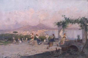Die Bucht von Neapel mit tanzenden Figuren im Vordergrund