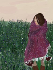Eingehüllte Frau im Wildblumenfeld von Osheensgallery