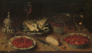 Stillleben mit Artischocke, Obst in Kraak-Porzellan, Salzstreuer/Pfefferstreuer