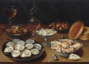Gerichte mit Austern, Obst und Wein, ca. 1620-1625