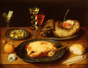 Gebratenes Huhn, Schinken und Oliven auf einem Zinnteller von Osias the Elder Beert