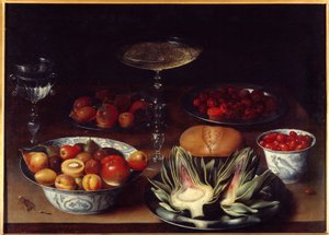Stillleben mit Artischocken. Ein Tisch bedeckt mit Artischocken, Kirschen, Aprikosen, Pfirsichen, Birnen, Himbeeren. Gemälde von Osias Beert I, 17. Jahrhundert von Osias the Elder Beert