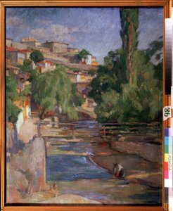 Landschaft mit Brücke und Fluss