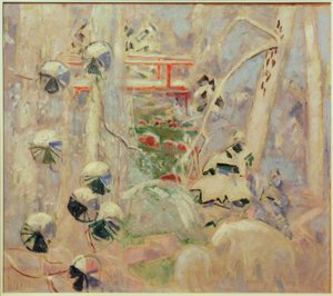 Schneelandschaft mit roter Brücke von Oskar Moll