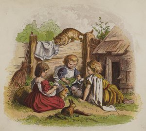 Drei Mädchen spielen mit ihren Haustierkaninchen, beobachtet von einer Katze