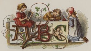 Drei Mädchen üben das Schreiben (Farblithografie) von Oskar Pletsch