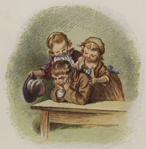 Zwei kleine Mädchen versuchen, einen mürrischen Jungen aufzuheitern (Farblithografie) von Oskar Pletsch