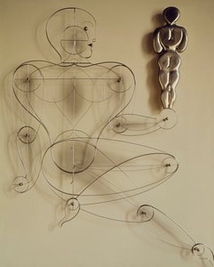 Homo, Drahtfigur mit Rückansichtfigur in der Hand von Oskar Schlemmer