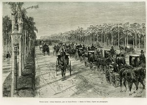 Buenos Aires, Sarmiento Avenue, Drei-Februar-Park. Gravur von Tofani zur Illustration der Geschichte Voyage à la Plata, 1886, von Emile Daireaux, in Le Tour du monde 1888, unter der Leitung von Edouard Charton (1807-1890), Hachette, Paris. von Oswaldo Tofani