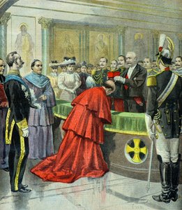 Felix Faure überreicht dem päpstlichen Nuntius Domenico Ferrata den Kardinalshut 1896 (Gravur)