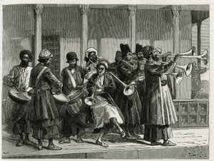 Musiker begrüßen den Sonnenaufgang in Isfahan (Iran). Gravur von Tofani, zur Illustration der Geschichte „Persien, Chaldäa und Susiane“.