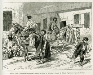 Kleine Geschäfte, Zeitungsverkäufer, Milchhändler, Obstverkäufer usw. in den Straßen von Buenos Aires (Argentinien). Gravur von Tofani zur Illustration der Geschichte Voyage a la Plata, drei Monate Urlaub von Emile Blaireaux 1886, in Le tour du monde 1887,