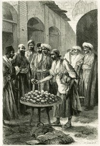 Der Fischhändler in Kachan (oder Kashan, in der Provinz Teheran, heutiges Iran). Gravur von Tofani, nach einem Foto, zur Illustration der Geschichte „Persien, Chaldäa und Susiane“ 1881-1882, von Jane Dieulafoy (geb. Magre) von Oswaldo Tofani