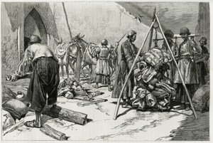 Das Wiegen des Gepäcks vor der Abreise der Delafoy-Hochzeitsexpedition. Gravur von Tofani, zur Illustration der Geschichte „Persien, Chaldäa und Susiane“.