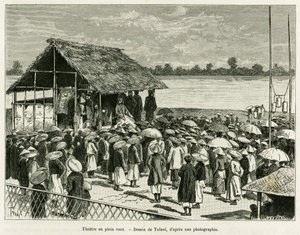 Theater im Wind. Gravur von Tofani, nach einer Fotografie, zur Illustration der Geschichte „Trente mois au Tonkin“, 1884, von Dr. Paul Hocquard, in Le Tour du monde 1890, unter der Leitung von Edouard Charton (1807-1890). von Oswaldo Tofani