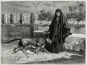 Torkan Khanoum, Favoritin von Scheich Moses, mächtiger Stammesführer von Arabistan mit seiner Panther. Gravur von Tofani, zur Illustration der Geschichte „Persien, Chaldäa und Susiane“ von Oswaldo Tofani