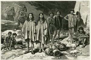 Typen von Indianern der Kordilleren von Ecuador, links im Hintergrund Yumbos von Nanegal, im Vordergrund Lojanos, in der Mitte ein Paar Zaparos, rechts Jivaros-Krieger. Gravur von Tofani, basierend auf Dokumenten, zur Illustration der Geschichte von Oswaldo Tofani