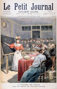 Junge Mädchen machen Prüfungen in einem Rathaus, Frankreich, 1895