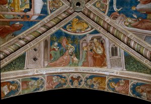 Monique verstärkt in ihrem Schlaf die Zukunft ihres Sohnes, des heiligen Augustinus, durch Gott, rechts während einer Begegnung mit einem Bischof von Ottaviano Nelli