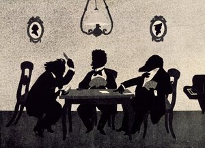 Kartenspiel zwischen Johannes Brahms (1833-1897), Richard Strauss (1864-1949) und Hans Richter (1843-1916), schwarze Silhouette von Otto Böhler (1847-1913) von Otto Bohler