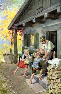 Hänsel und Gretel finden ihren Weg nach Hause, ca. 1910 (Postkarte)
