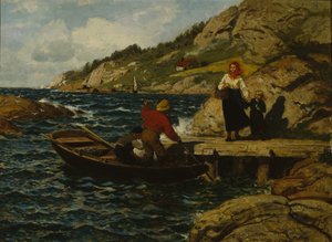 Fischer, Frau und Kind am Kai von Otto Ludvig Sinding