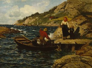 Fischer, Frau und Kind am Kai von Otto Ludvig Sinding