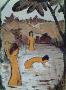 Drei Badende im Teich