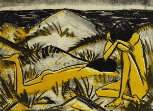 Dünen, eine sitzende und ein liegendes Mädchen von Otto Mueller